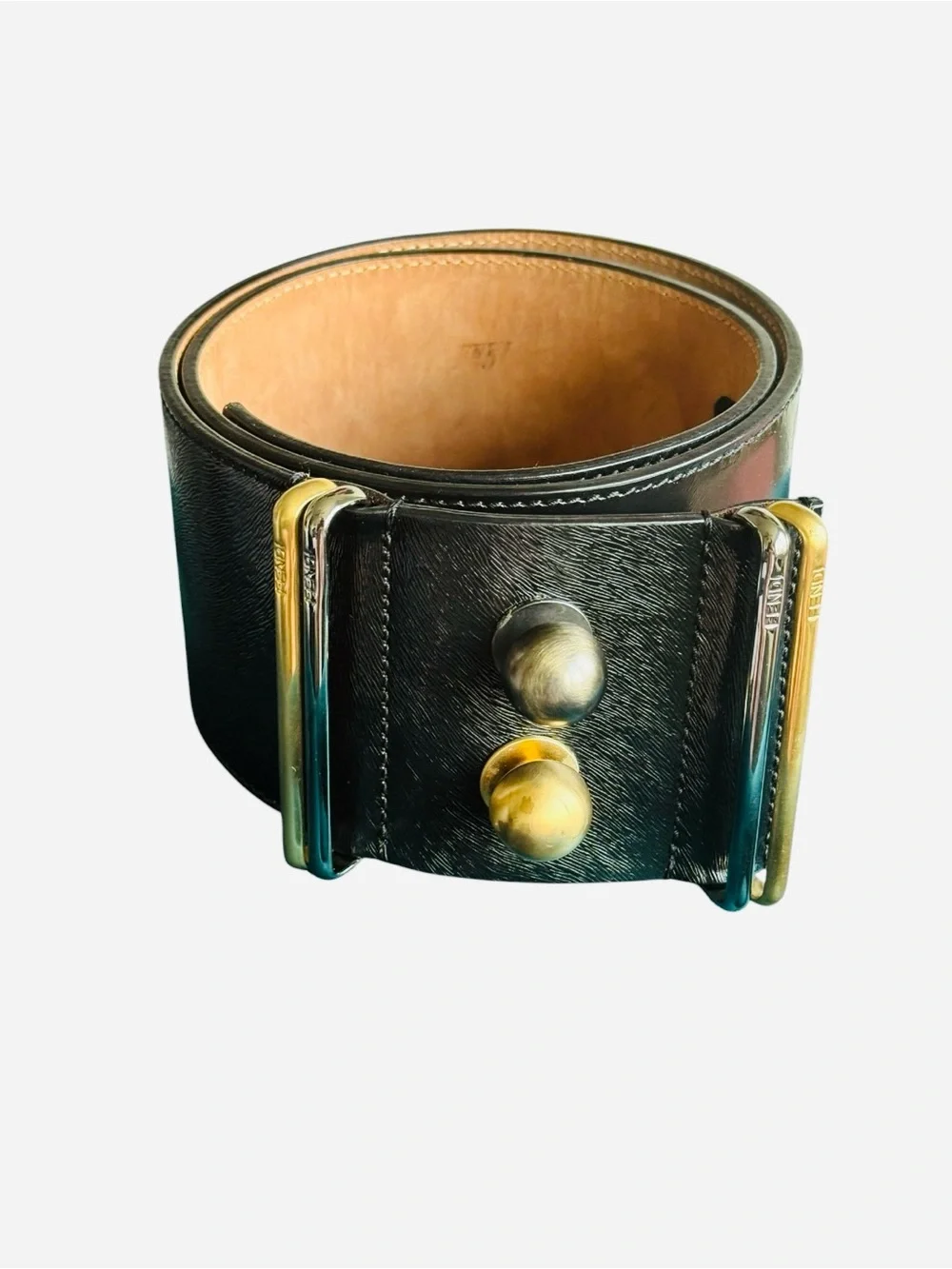 Fendi Black Wide Leather Belt With Two Tone Hardware Sz 80cm/32in (Small/Medium)